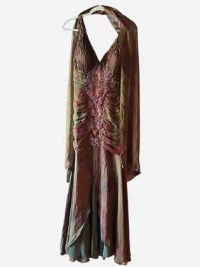 Terani Couture 100% Silk Beaded Halter Gown with Scarf